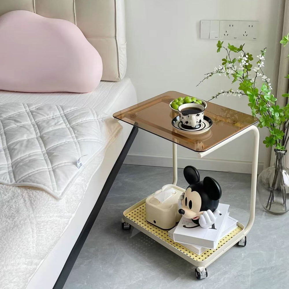 Cream style popular wheeled trolley bedroom glass side table small apartment living room movable sofa storage rack