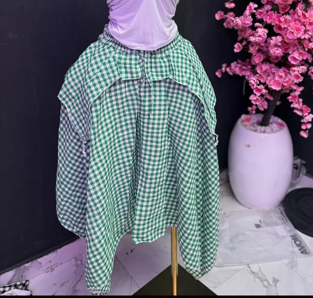 supply, free size, yarn-dyed plaid, double-layered, large swing, loose, asymmetrical, fashionable elastic waist, versatile skirt