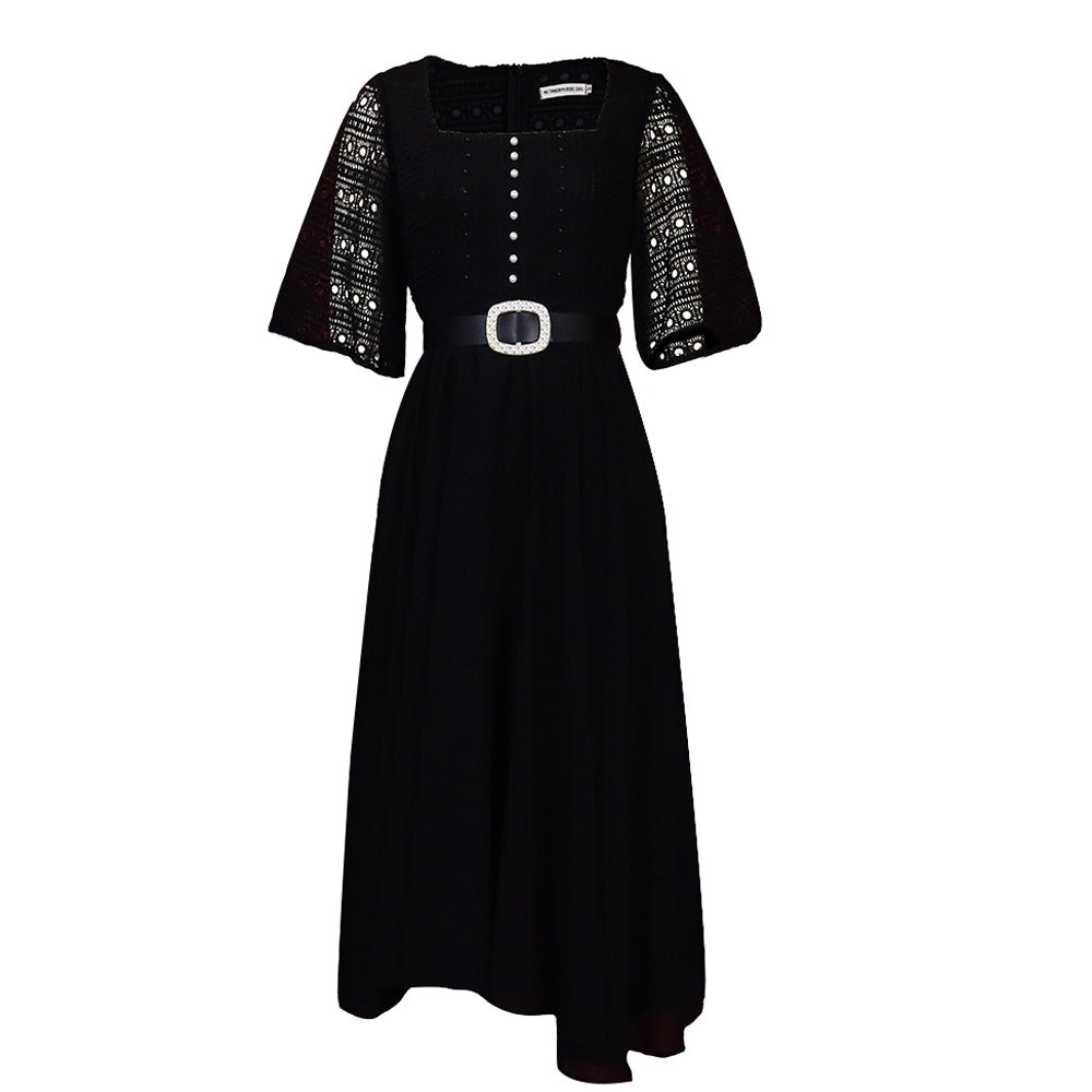 D280: belt included -  new cross-border fashion: european & american style patchwork chiffon beaded socialite african export dress
