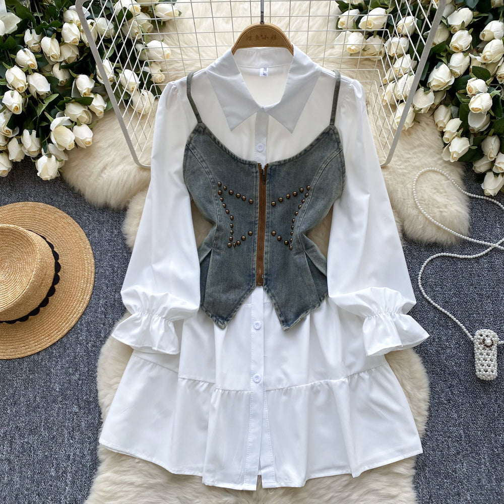Autumn new arrivals: women's elegant, niche, french-style cinched waist single-breasted long-sleeve shirt dress + denim cami tank top