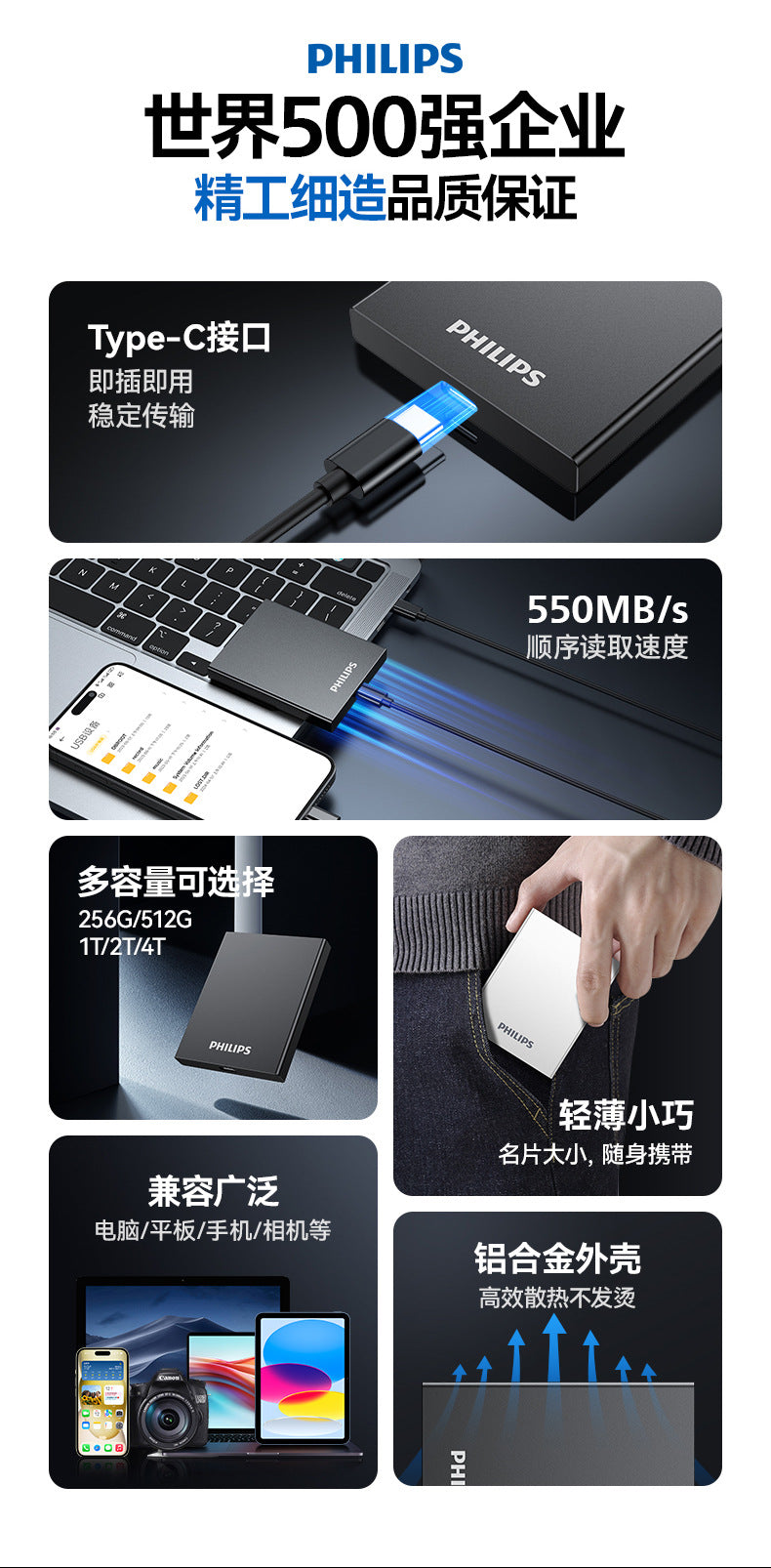 Philips PSSD Mobile Solid State Drive Mobile Phone Computer Typec Dual-purpose Hard Drive High-speed Storage Cross-border Wholesale