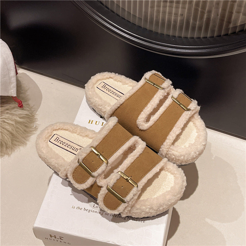 Winter warm lamb wool thick sole furry slippers women's outwear 2024autumnew arrival one strap fleece-lined cotton slippers