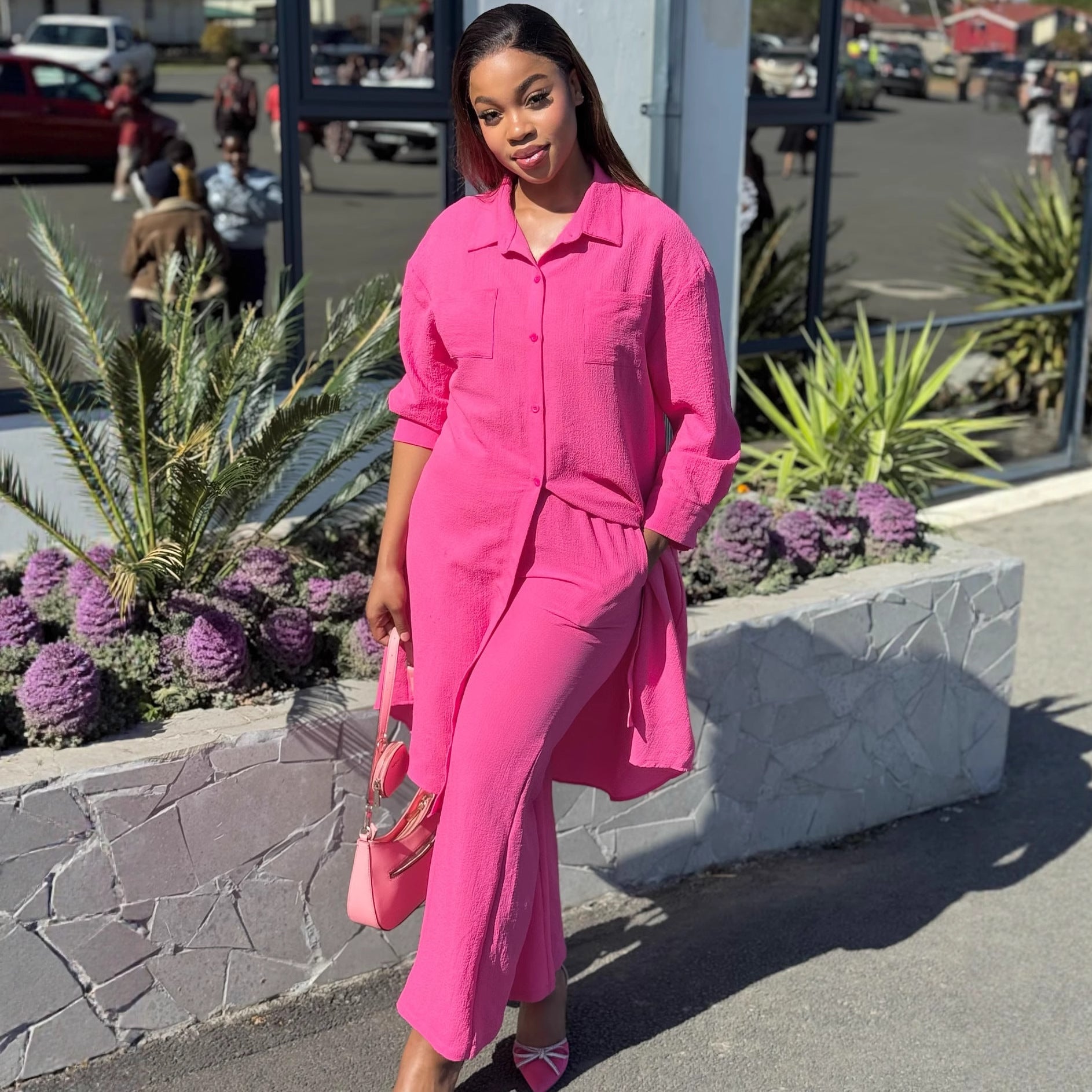 European and American large-size women's clothing long-sleeved solid-color cardigan long shirt top women's African casual solid-color wide-leg pants set