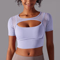 New arrival nude mesh cut out short-sleeved fake two-piece yoga top all-in-one coaster bubble wrap push-up fitness beautiful back