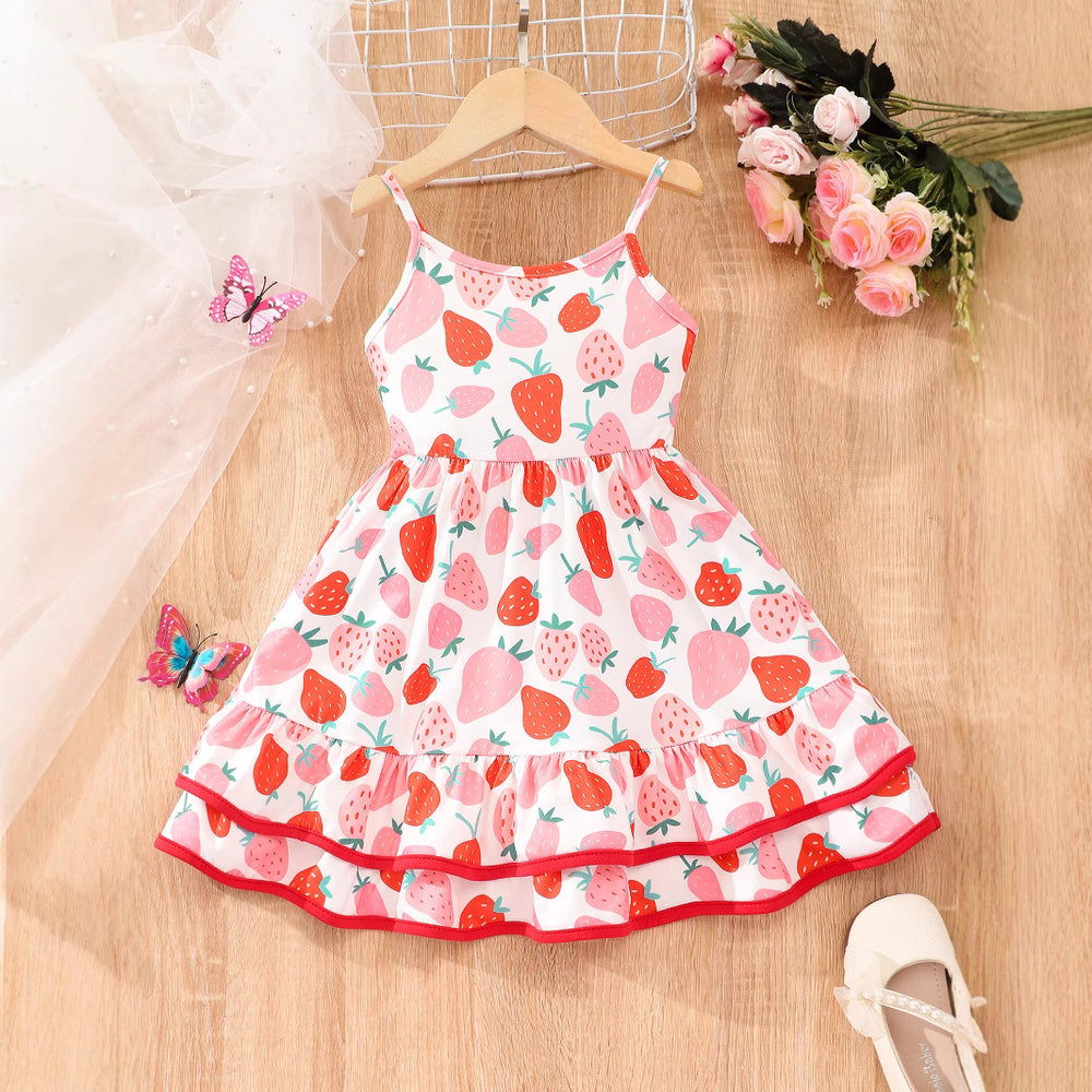 Kids' strawberry ice cream digital print cami dress with double-layered hem
