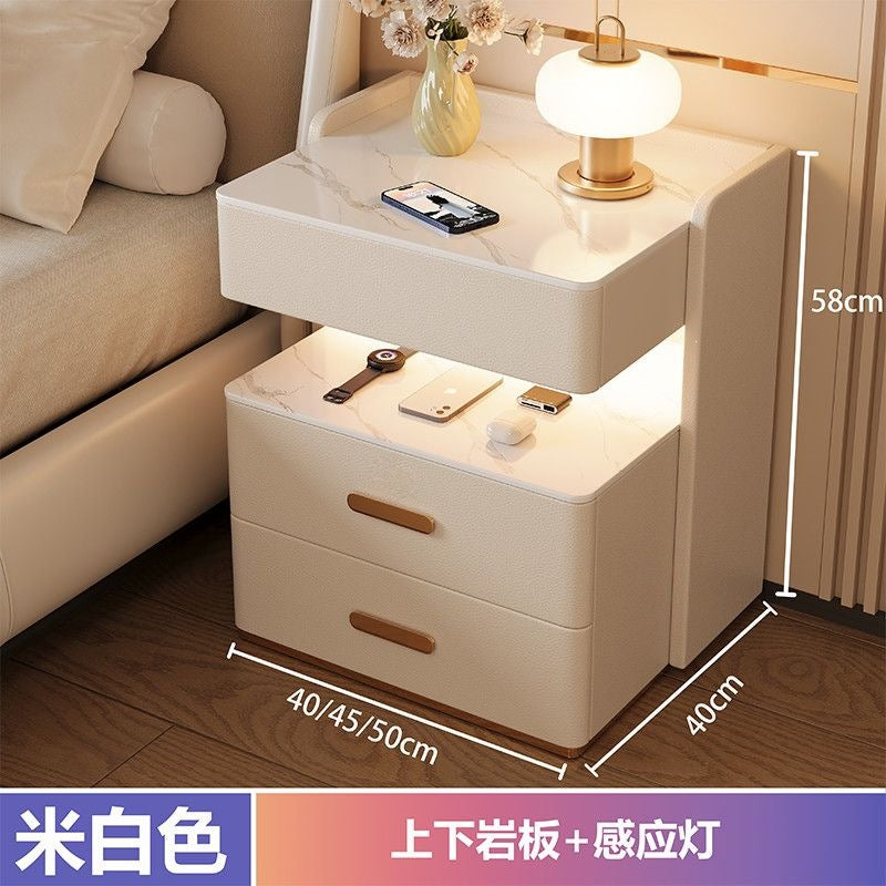 Solid wood smart light luxury bedside table - modern, high-end, home bedroom, minimalist, multifunctional, wireless charging & storage