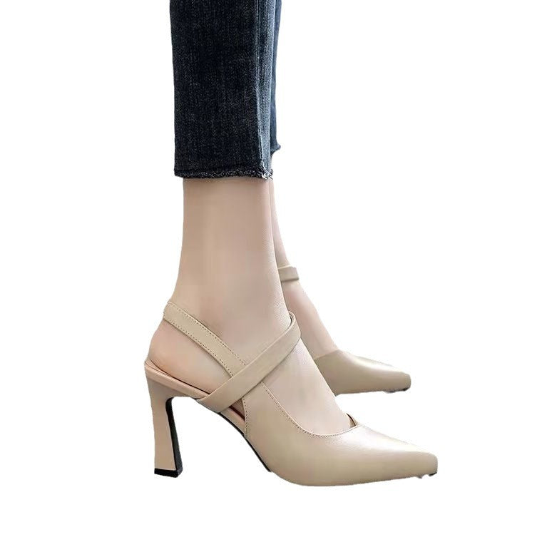 Pointed sandals women's small size bag head soft leather summer 2024 new middle heel empty soft leather fine heel spring and summer women's shoes