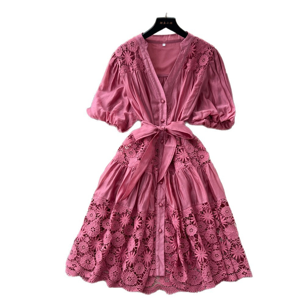 French-style heavy lace v-neck bubble sleeve dress - women's summer korean style red tie-waist slimming a-line dress