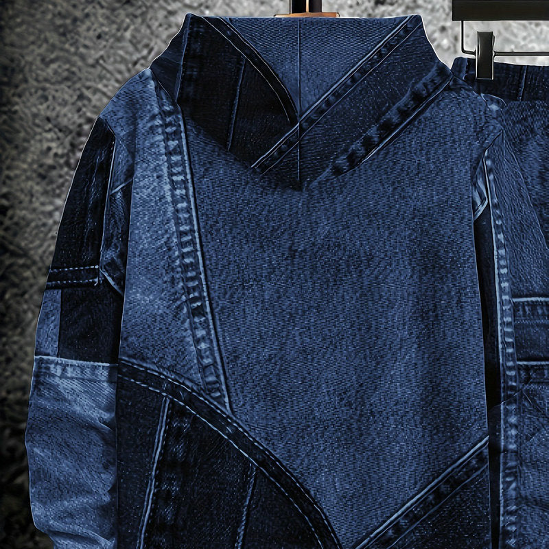 fashiontrendymencasualsuitautum denim effect hooded sports pants sweatshirtsuit wholesale