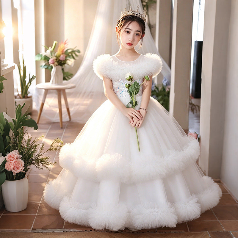 Girls' formal dress cake skirt fluffy ankle-length flower girl wedding dress runway one-shoulder children's princess gown gorgeous dress