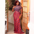 European and american style cross-border slimming waist-defining women's see-through patchwork versatile bodycon skirt pleated printed high-neck maxi dress