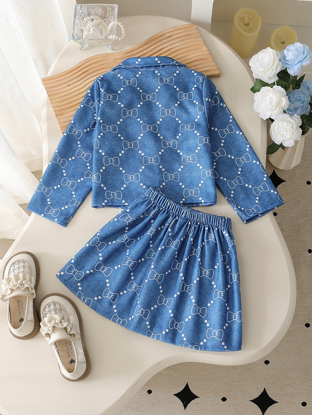 girls' fashion denim-style printed set with turn-down collar + pleated skirt top set