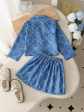 girls' fashion denim-style printed set with turn-down collar + pleated skirt top set