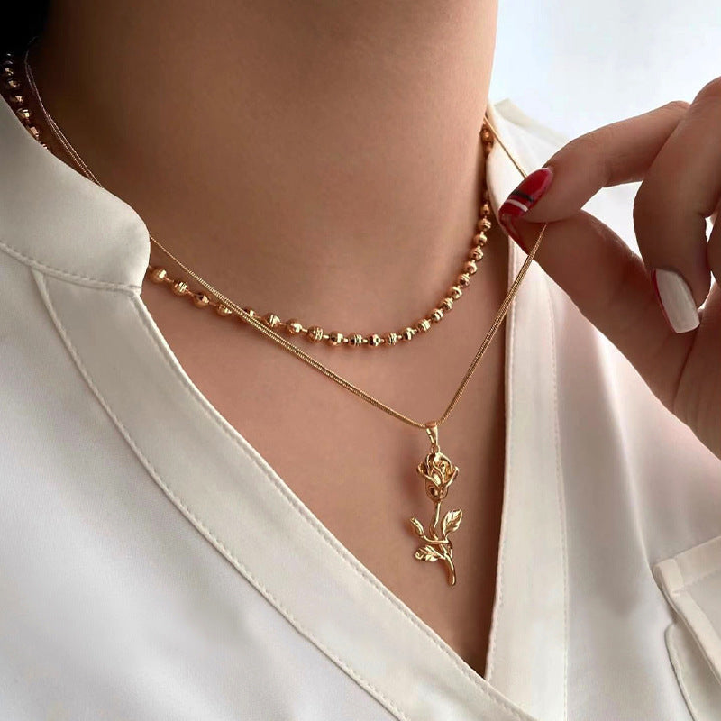 European and american cross-border statement jewelry fashion rose flower pendant high-end beaded chain women's double layer necklace jewelry wholesale