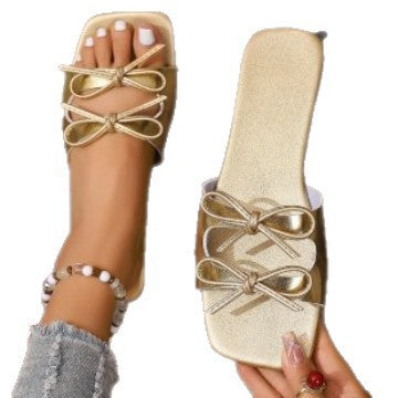 summer export flat heel bowknot beach sandals women's square toe one-strap plus size fashion sandals