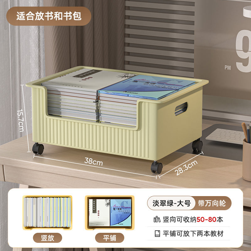 Under-desk book storage box with universal wheels - movable bookcase for students, classroom use, desktop book organizer, bookshelf