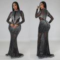 C6369 cross-border   fashion women's solid color mesh rhinestone long sleeve maxi dress