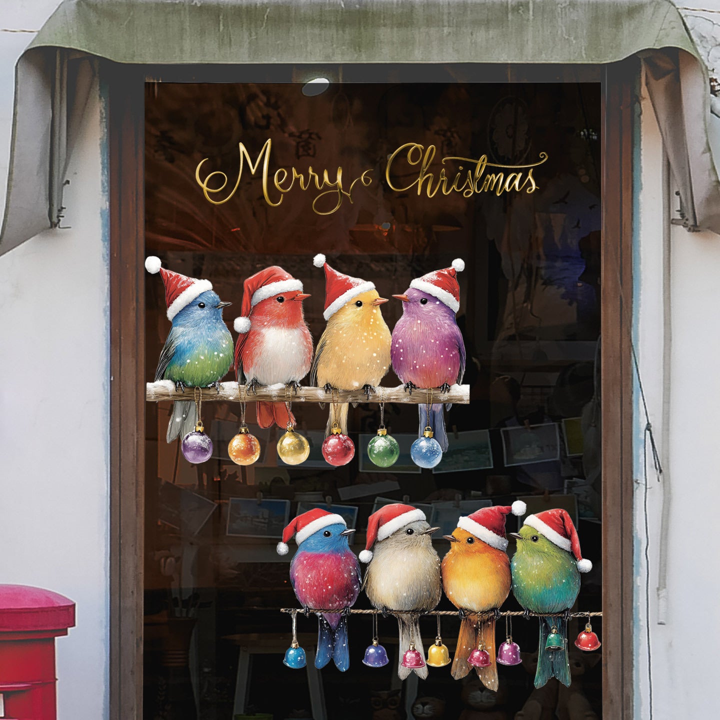 2026 Christmas static glass window sticker Christmas tree gift box star decoration sticker lights pine branch bird sticker