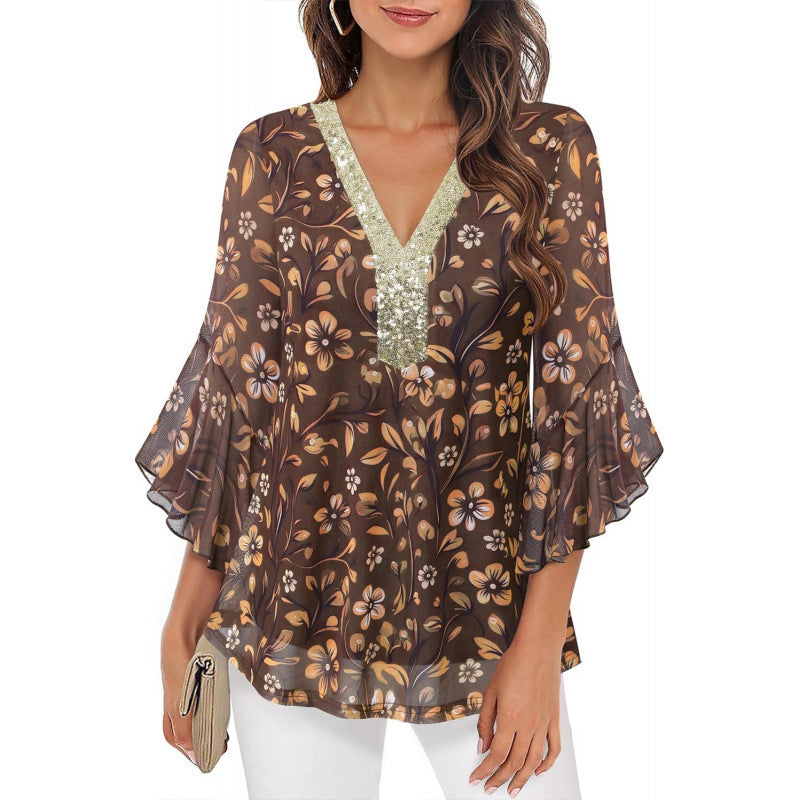 Amazon fashioneleganteleganceflowershirt women's  summer new ruffles sleeve v necktops