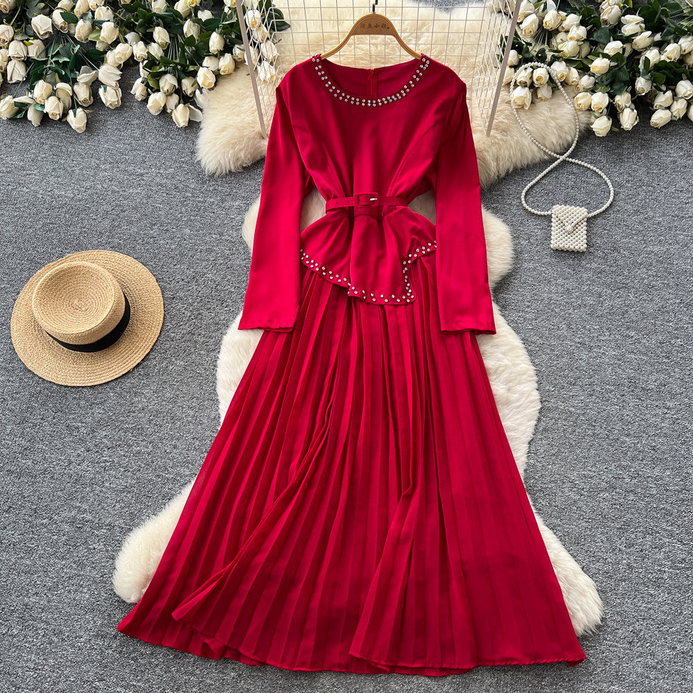 Korean style red long-sleeved a-line bodycon dress - women's spring/summer commute-friendly, slimming, pleated maxi skirt