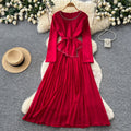 Korean style red long-sleeved a-line bodycon dress - women's spring/summer commute-friendly, slimming, pleated maxi skirt