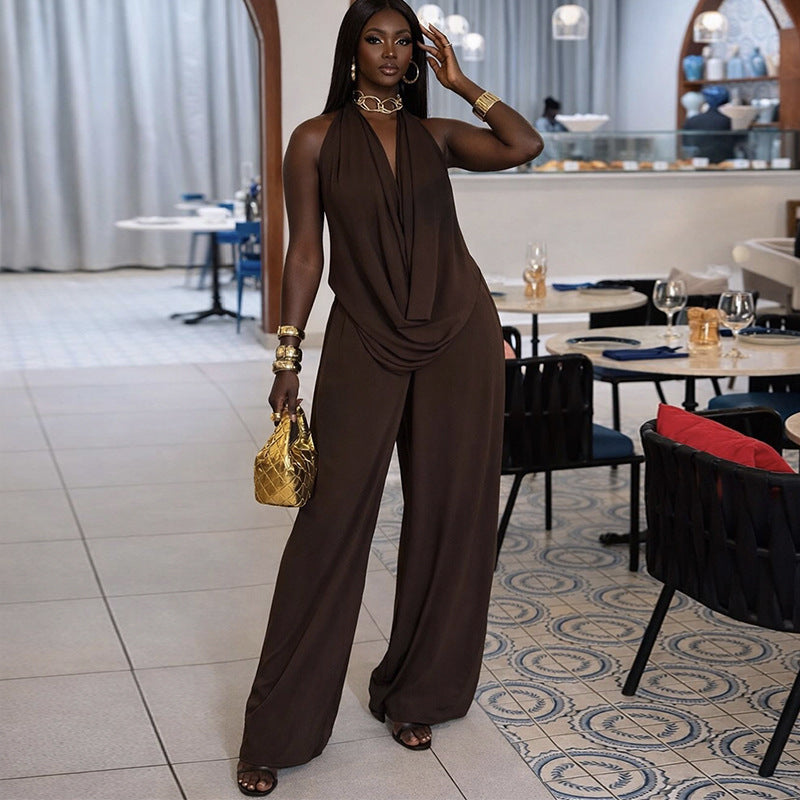 European and american cross-border african women's fashion  spring/summer new collection: solid color camisole top and high-waisted pants casual set