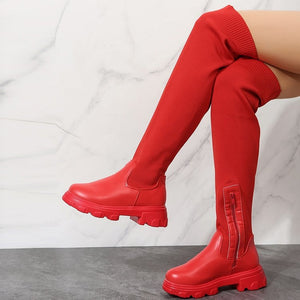 foreign trade women's large size boots fashionnew arrival over the knee round toe fly woven boots women's thick sole boots