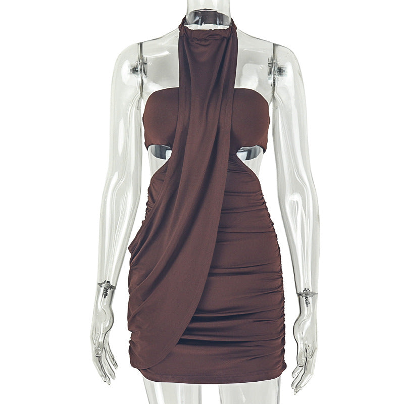 Fashion style cross-border pure color chest-wrapped women's pleated asymmetrical hip-covering skirt hanging collar looseplaiddress