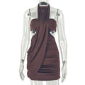 Fashion style cross-border pure color chest-wrapped women's pleated asymmetrical hip-covering skirt hanging collar looseplaiddress