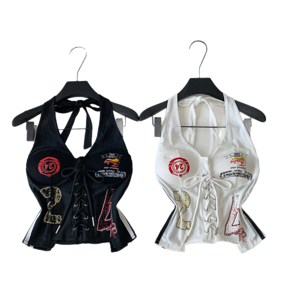 American retro letter print tie-up halter tank top - women's summer versatile slim-fit sleeveless top ( collection)