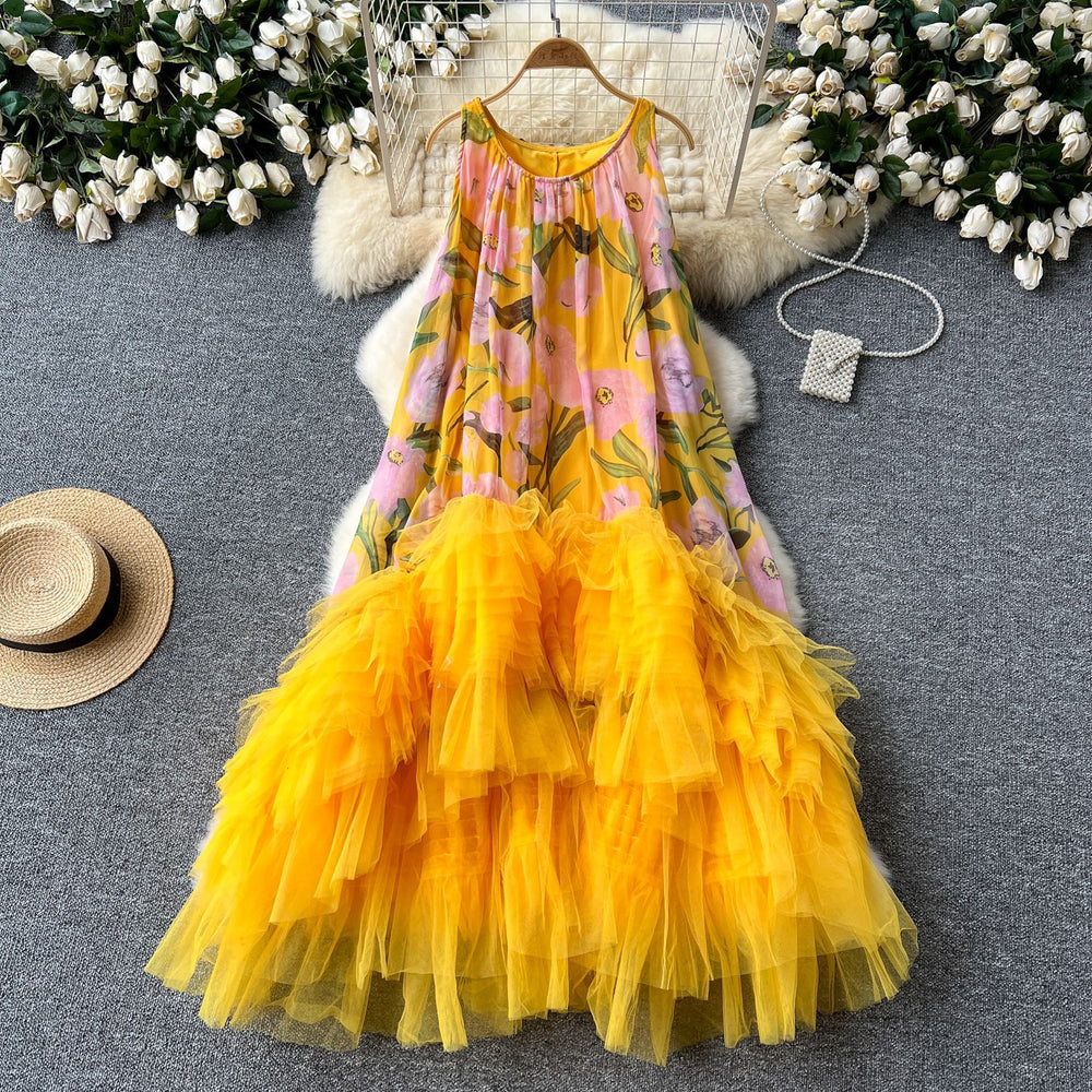French retro court style fashionable printed patchwork mesh puffy irregular ruffle hem dress for women