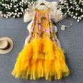 French retro court style fashionable printed patchwork mesh puffy irregular ruffle hem dress for women