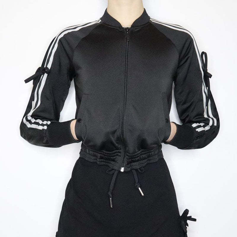 American sports style autumn and winter coat bow striped webbing zipper jacket baseball jersey waist casual jacket