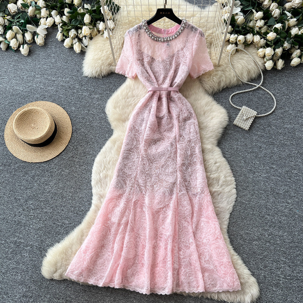 French chic luxury beaded round neck short sleeve lace dress - women's summer slim fit mermaid maxi dress
