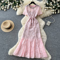 French chic luxury beaded round neck short sleeve lace dress - women's summer slim fit mermaid maxi dress