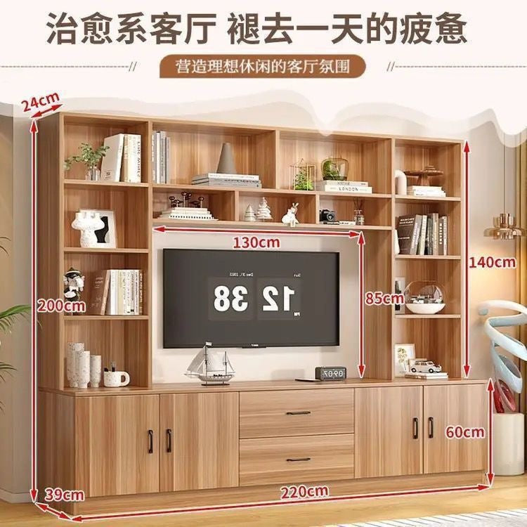 Solid wood tv cabinet all-in-one small apartment background wall living room wall cabinet multi-functional storage storage cabinet high cabinet against the wall