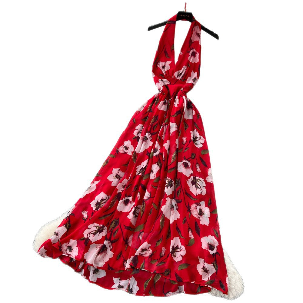 Pure desire style red printinghalterdress women's summer waist slimmingelegantelegancea-line elegant long skirt