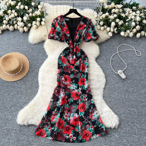 French romantic print bubble sleeve dress - women's summer mesh panel slim fit mermaid maxi dress
