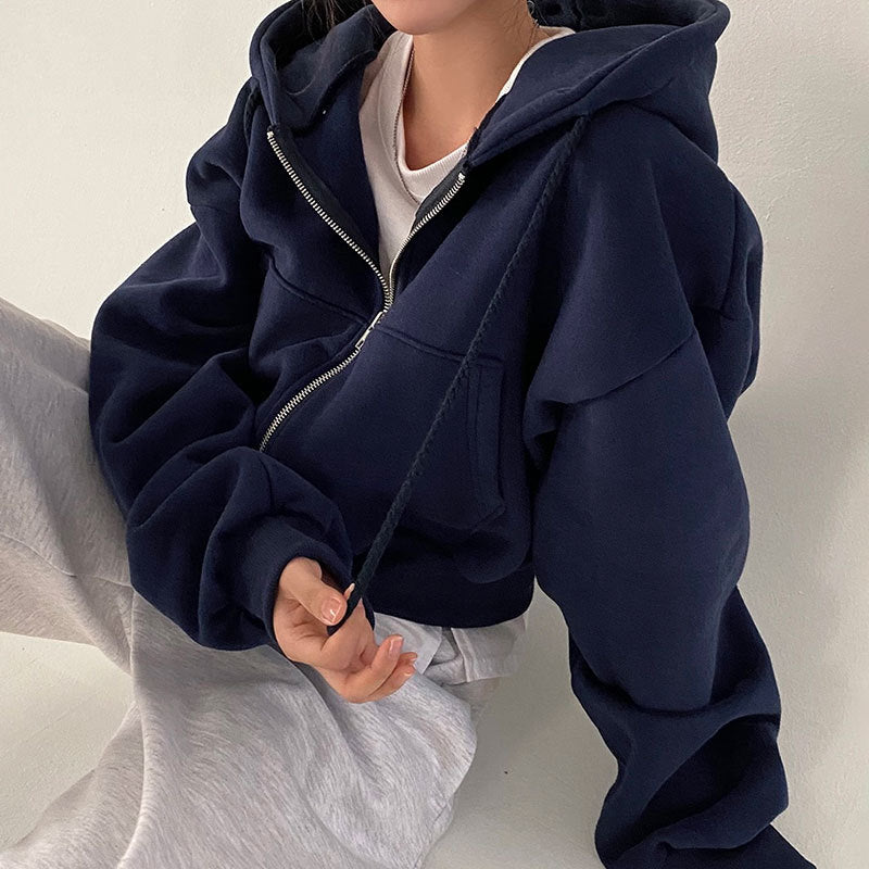 autumn new arrivals: ins-style fleece-lined, versatile, fashionable, short, slim-fit, zip-up, warm, solid color hooded sweatshirt for women