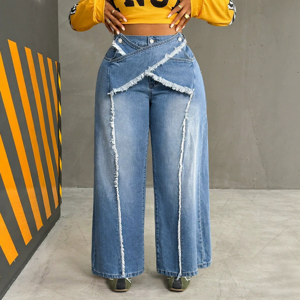 Fashionjeans women's deconstructed shredded wool patchworkhigh waistloose denim women's pants exportplus sizestylish wide-leg pants