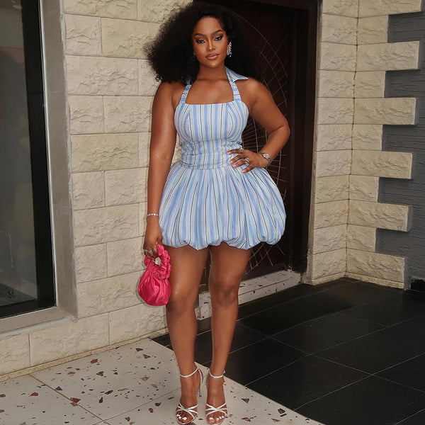 European and American  women's clothing 2025 summer new temperament square collar striped top high waist bud skirt set