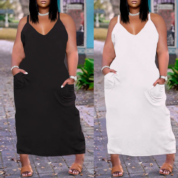 WK2372 European and American sexy V-neck loose slim suspender medium and long large size dress