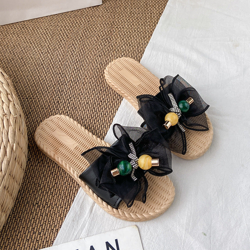 Women's sandals & slippers - 2021 summer new arrivals: fairycore style, bow accent, outdoor wear, vacation beach, flat one-strap slides