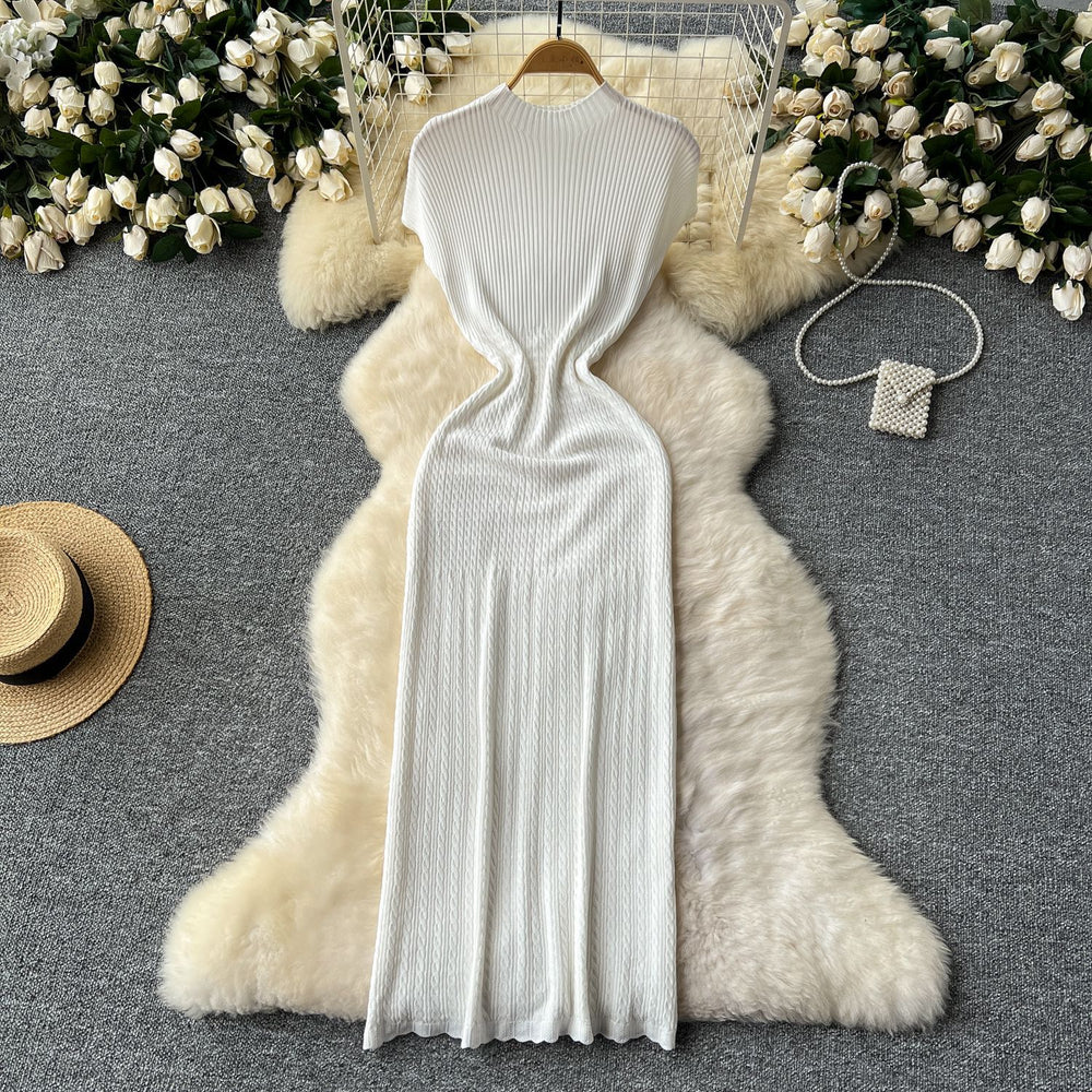 Elegant women's dress  new arrival: high-end round neck short sleeve bodycon knit dress with elastic waist and hip-hugging design