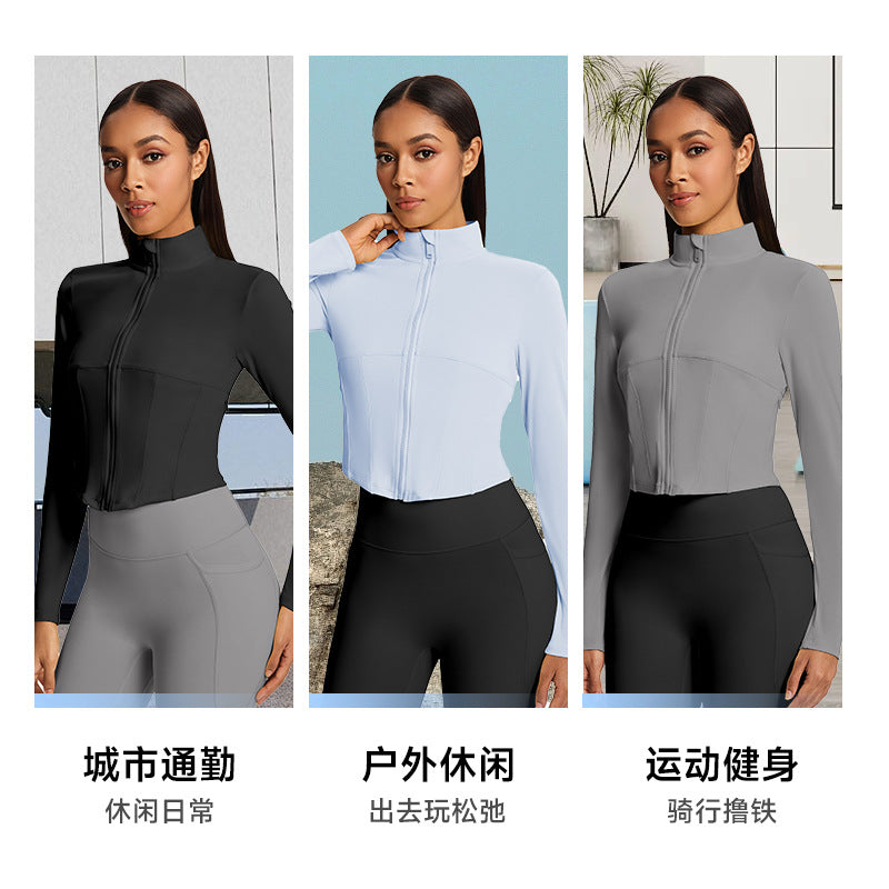 Jinke cross-border yoga outwearshortlong sleeves waist tight tops zipper stand collar sports fitness women