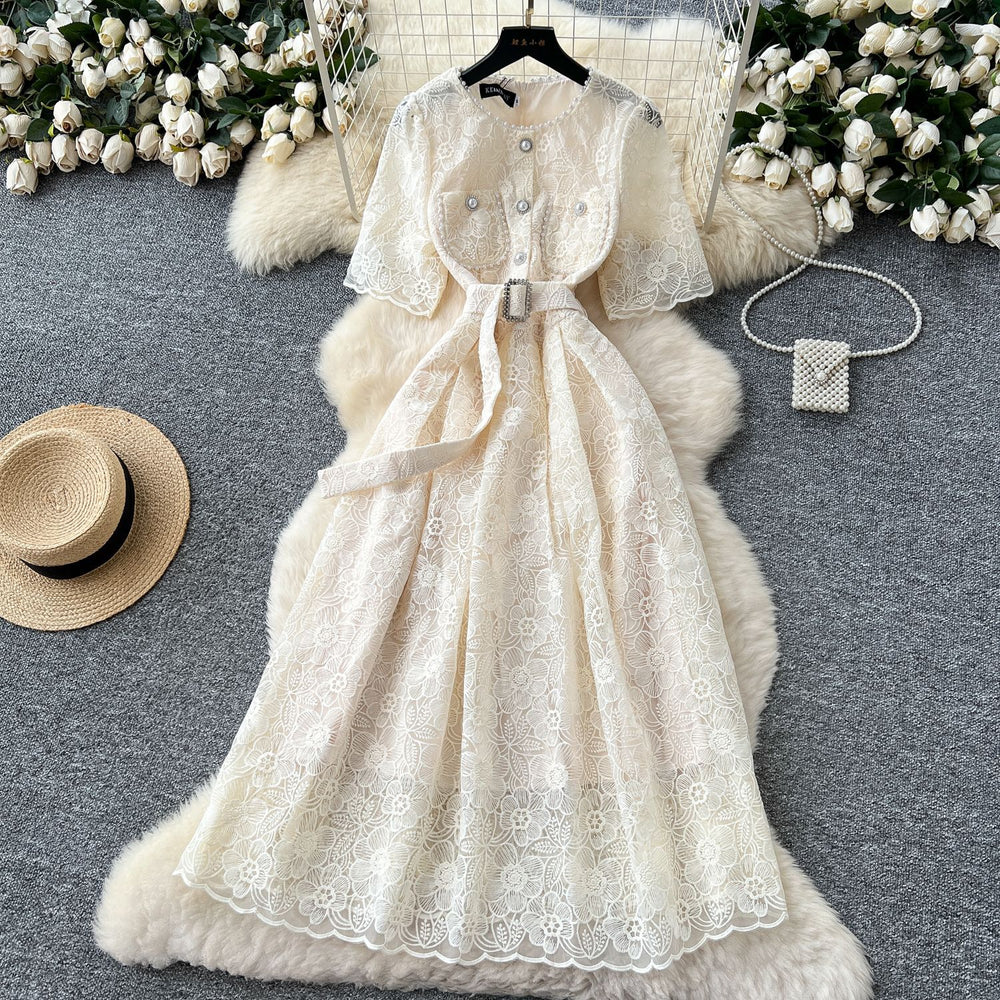 French chic beaded round neck short sleeve dress - premium embroidery, slim fit, figure-flattering, elegant women's dress