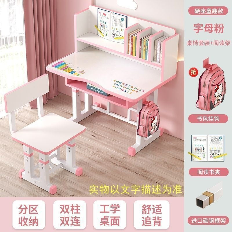 Children's desk study table - adjustable height, writing desk, homework table and chair set with modern bookshelf - school desk and chair