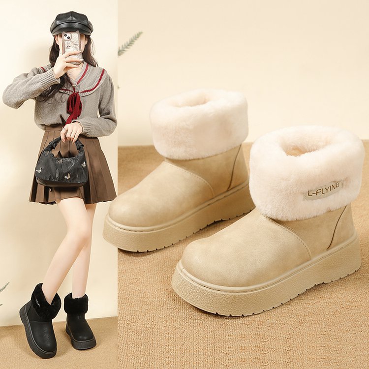 autumn new fleece-lined fluffy trim platform chunky sole snow boots women's korean style round toe warm export plus size women's boots