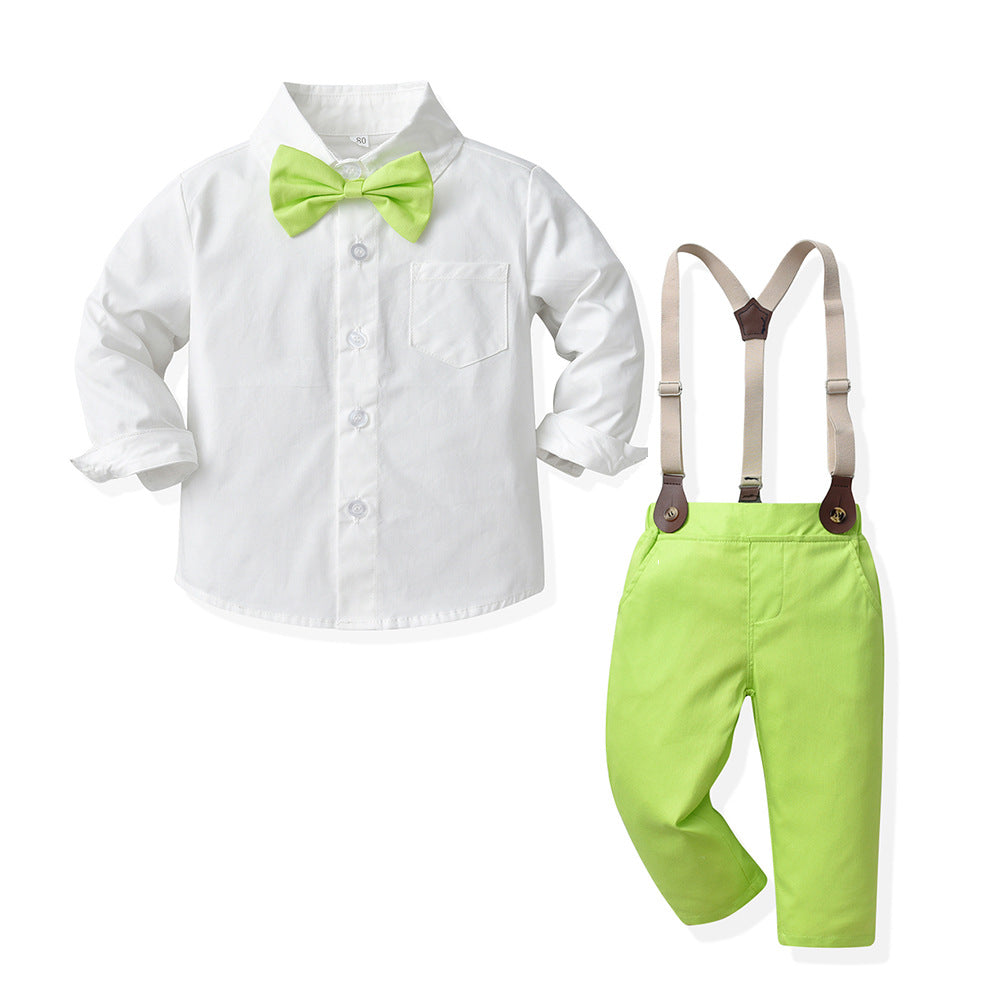 Boys' autumn outfit set - new foreign trade style, korean fashion for mid-to-large children, cotton white shirt & neon green overalls, trendy kids' clothing