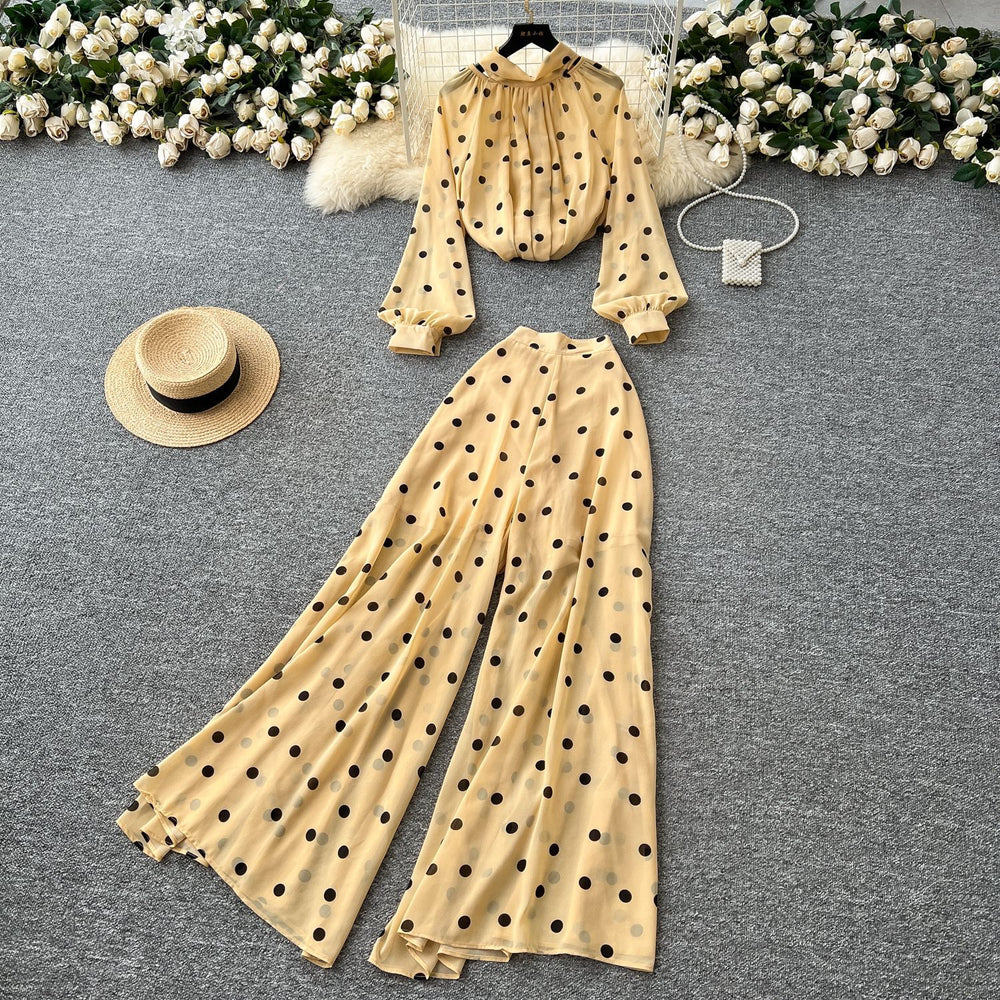Lightly mature eleganttwo-piece set women's classy sense bows pleated polka dot chiffon topshigh waistloose casual pants
